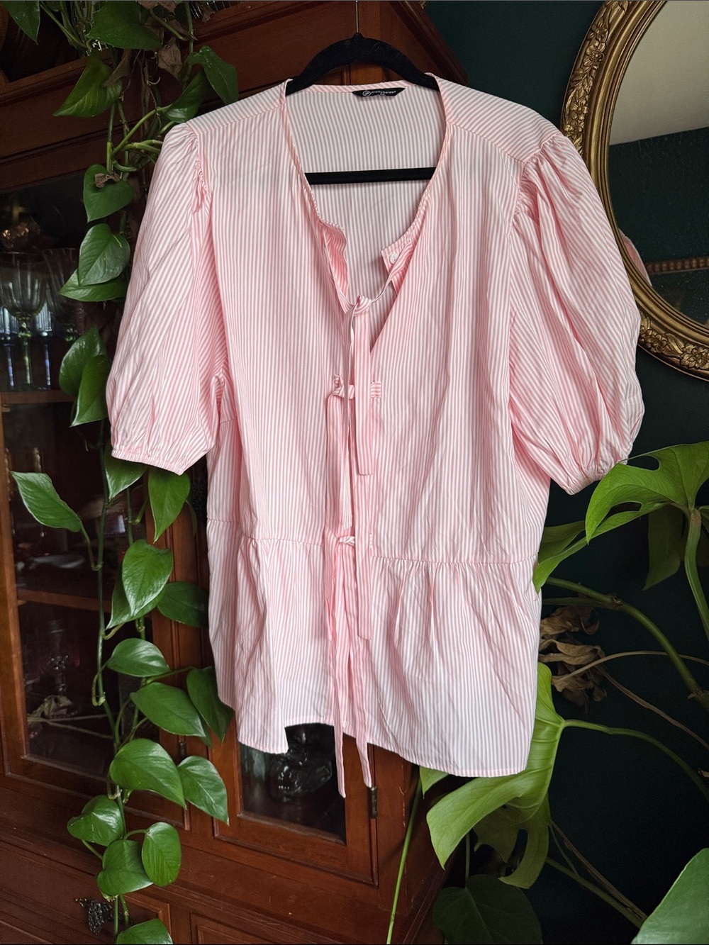 Puff Sleeve Pink Striped Women’s Tie-Front Blouse